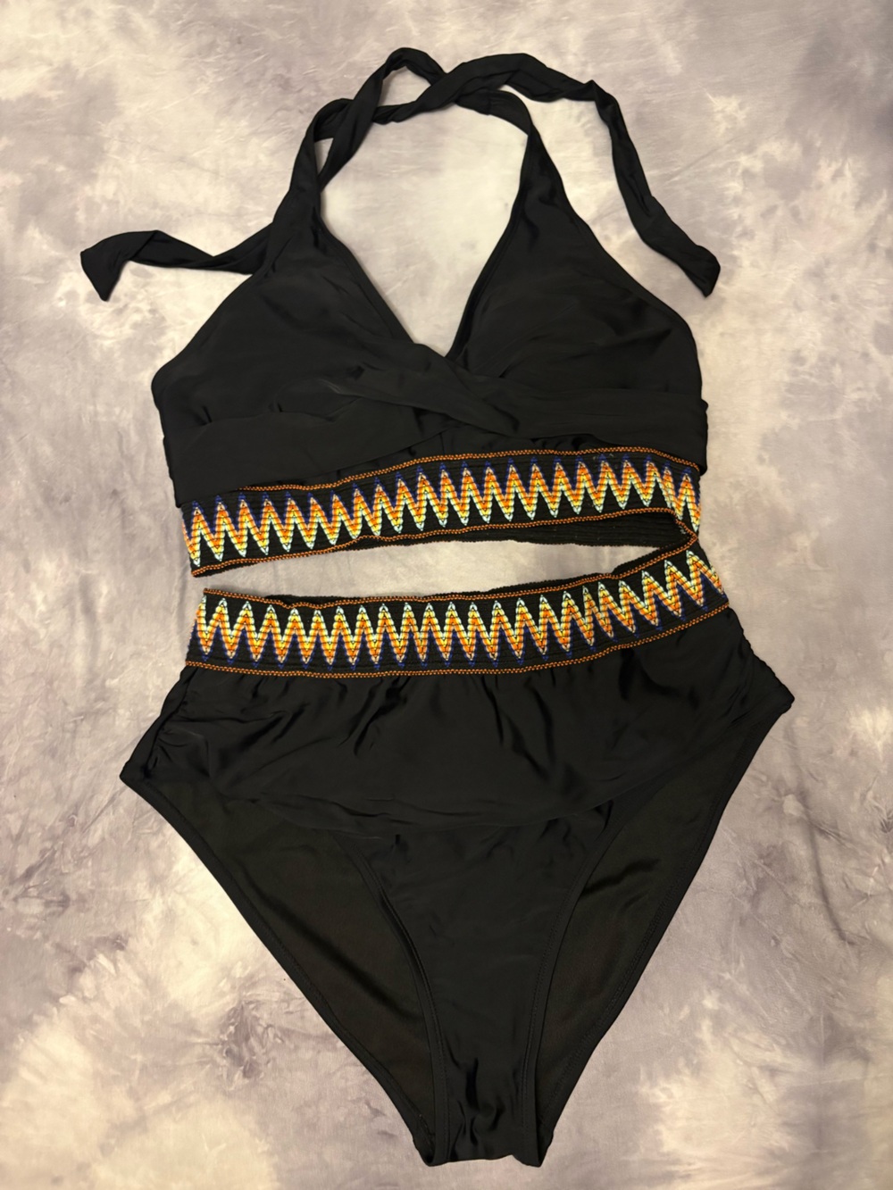 AIMAGE Womens XL Black Halter 2-Piece Swimsuit Embroidered Geometric Stretch